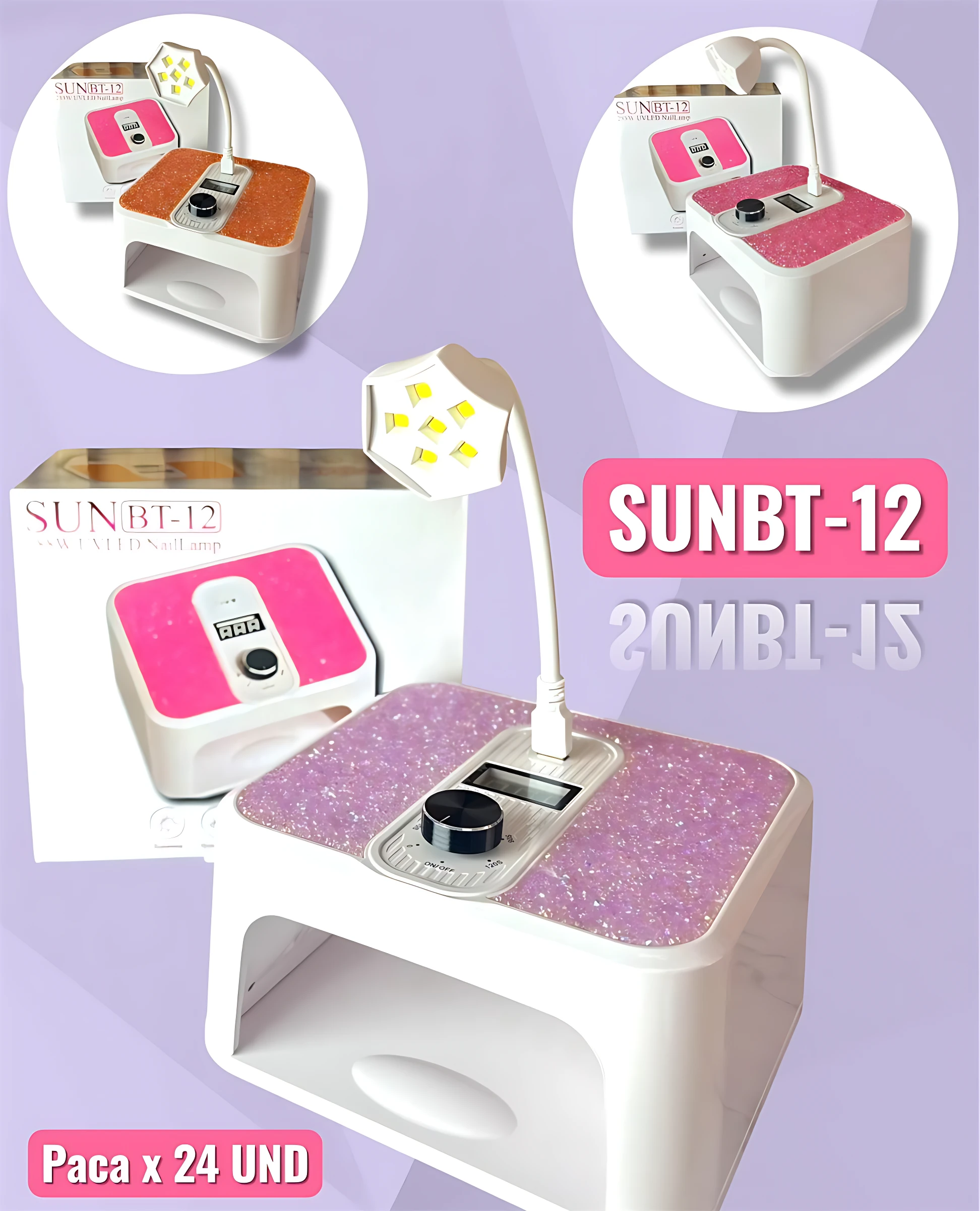 Lámpara LED UV SUNBT-12 con base blanca y superficie rosa brillante, incluye caja de presentación y vistas superiores del dispositivo.
