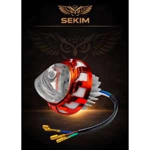 Luz LED Ojo de Diablo Sekim en acabado rojo brillante con lente transparente, conectores dorados y cables multicolores, diseñada para moto, cuatrimoto o vehículo eléctrico.