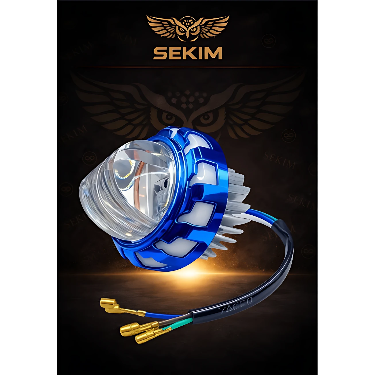 Luz LED Ojo de Diablo Sekim en azul metálico con carcasa de aluminio, lente transparente y cables con conectores dorados, diseñada para moto, cuatrimoto o vehículo eléctrico.