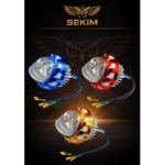 Tres luces LED Sekim Ojo de Diablo en colores azul, rojo y dorado, con carcasa metálica y cables conectores visibles, diseñadas para moto, cuatrimoto o vehículo eléctrico.