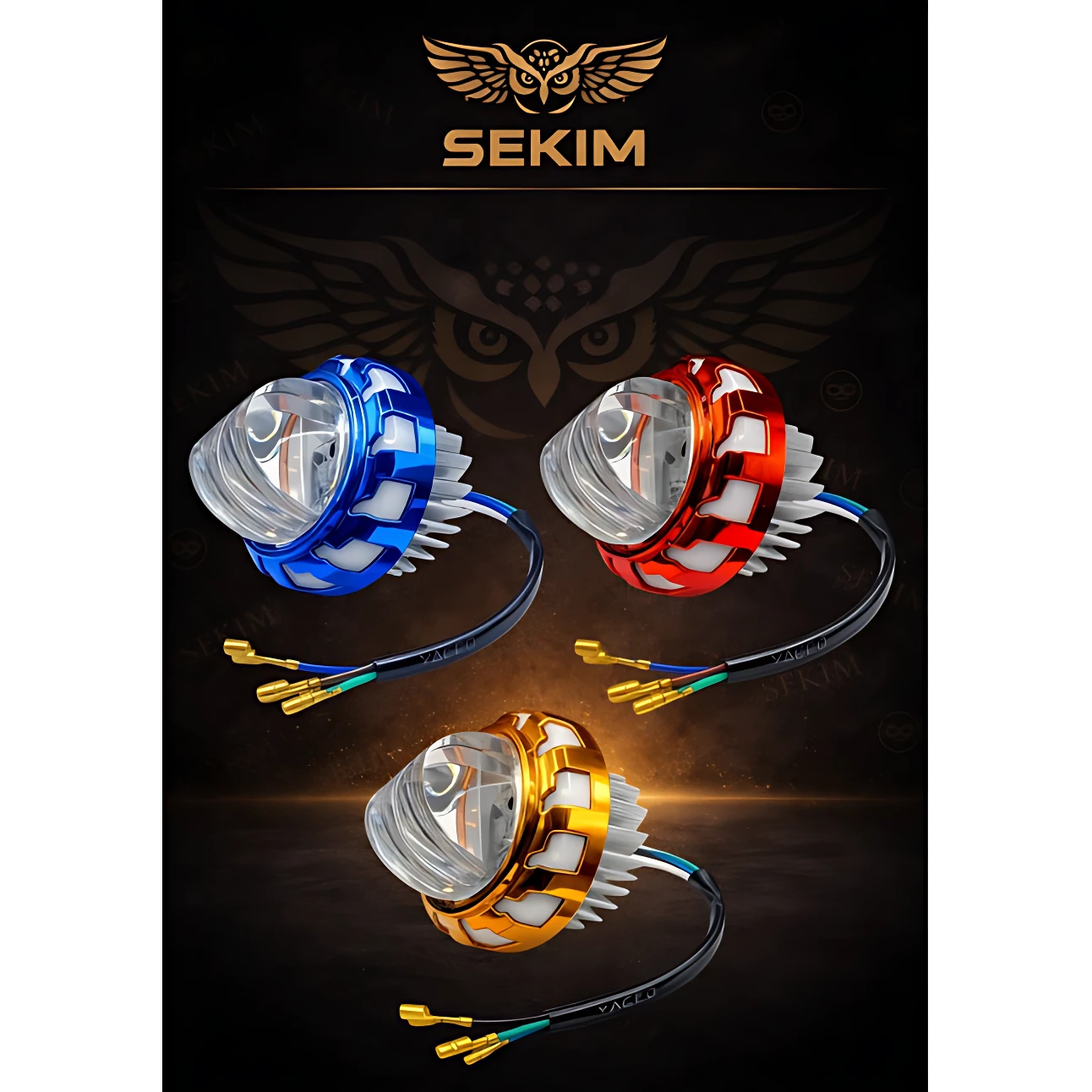 Tres luces LED Sekim Ojo de Diablo en colores azul, rojo y dorado, con carcasa metálica y cables conectores visibles, diseñadas para moto, cuatrimoto o vehículo eléctrico.