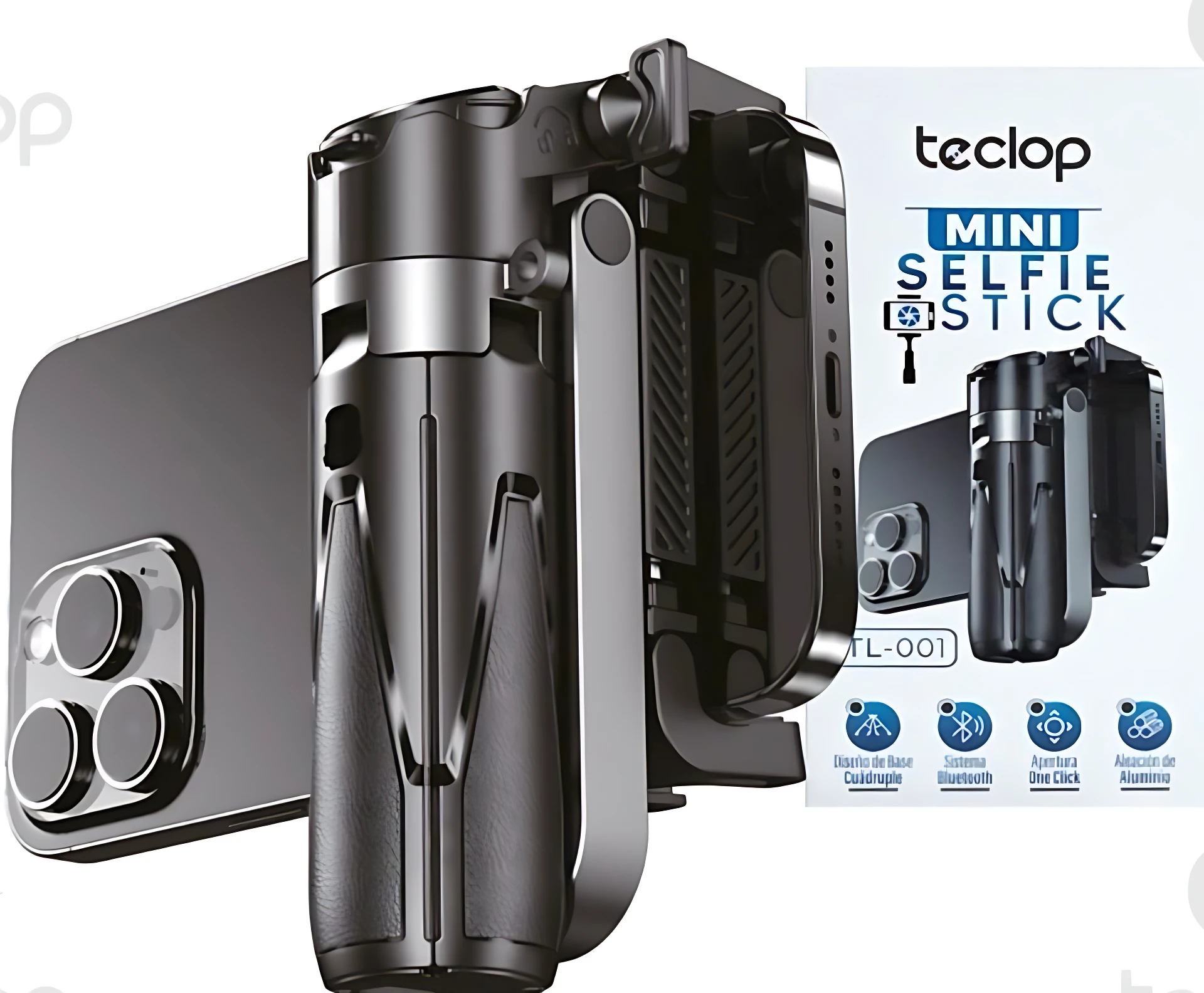Selfie stick trípode portátil negro Teclop, con control remoto Bluetooth y soporte para iPhone, mostrando detalles de su estructura plegable y accesorios incluidos.