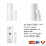 Sensor wifi blanco para puertas y ventanas, con imán y base de montaje. Incluye sensor magnético y receptor. Compatible con Tuya.
