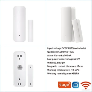 Sensor wifi blanco para puertas y ventanas, con imán y base de montaje. Incluye sensor magnético y receptor. Compatible con Tuya.