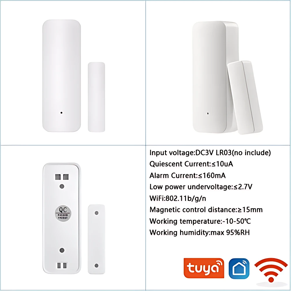 Sensor wifi blanco para puertas y ventanas, con imán y base de montaje. Incluye sensor magnético y receptor. Compatible con Tuya.