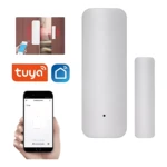 Sensor wifi blanco para puertas y ventanas, con receptor y emisor. Incluye app móvil y logotipo Tuya.