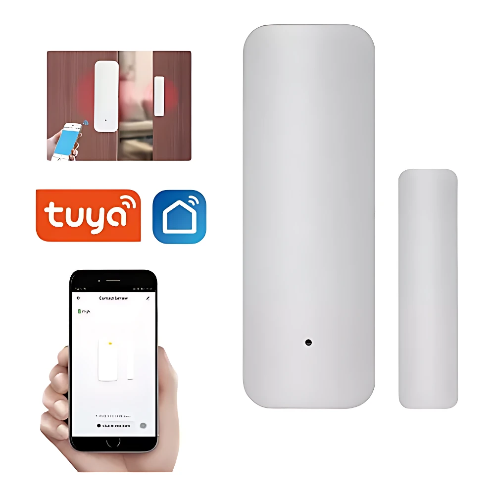 Sensor wifi blanco para puertas y ventanas, con receptor y emisor. Incluye app móvil y logotipo Tuya.