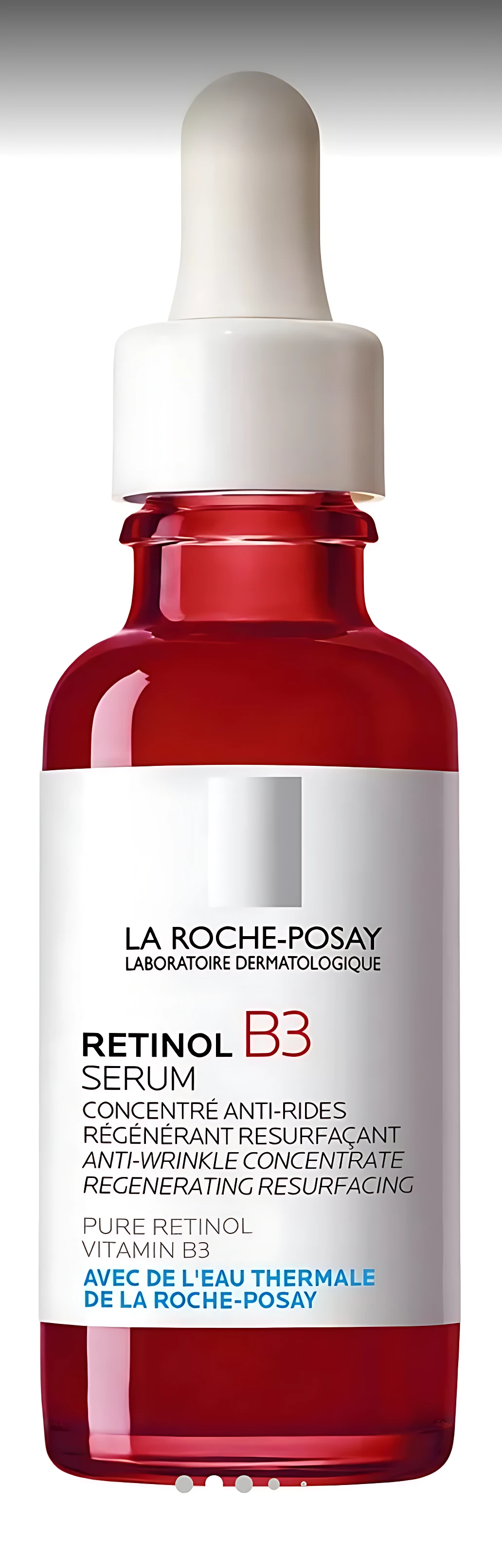 Serum antiarrugas Retinol B3 de La Roche-Posay en frasco de vidrio rojo con gotero blanco, etiqueta blanca con texto negro y azul.