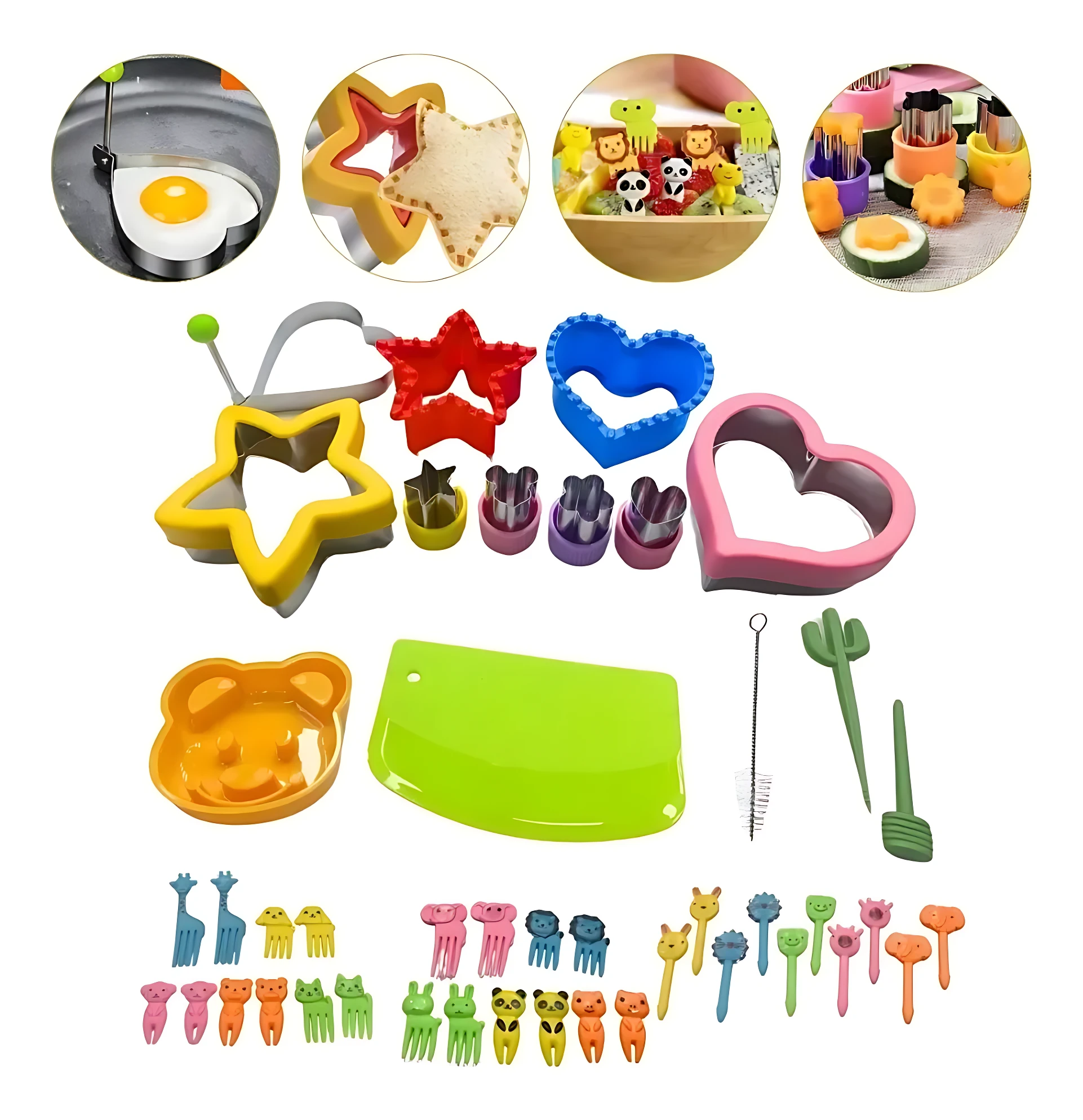 Set de 42 piezas de moldes cortadores de acero inoxidable en colores amarillo, rojo, azul, rosa y verde, con formas de estrella, corazón, huevo, oso y utensilios de cocina, ideales para decorar galletas y almuerzos escolares.