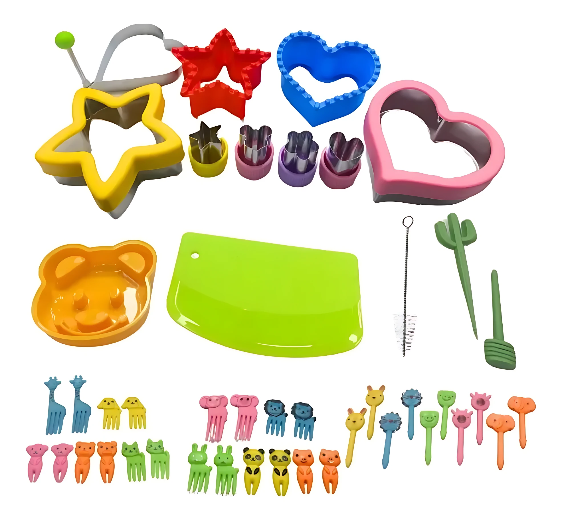 Set de 42 moldes cortadores de acero inoxidable en colores amarillo, rojo, azul, rosa, verde y naranja, con formas de estrellas, corazones, animales y utensilios para decorar galletas o preparar almuerzos escolares.