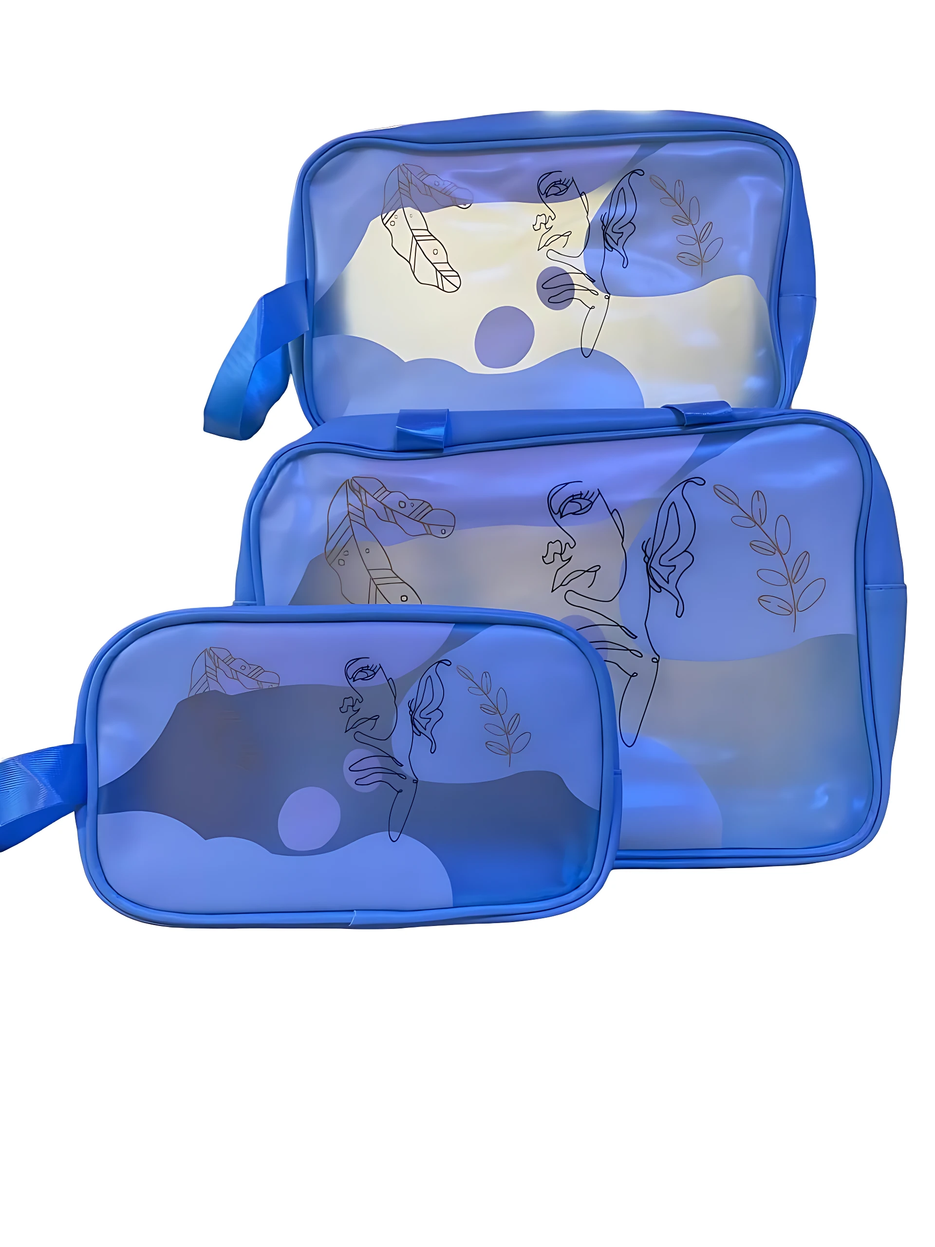 Set de tres organizadores cosméticos transparentes con asas, en tonos azules con ilustraciones de figuras humanas y plantas.