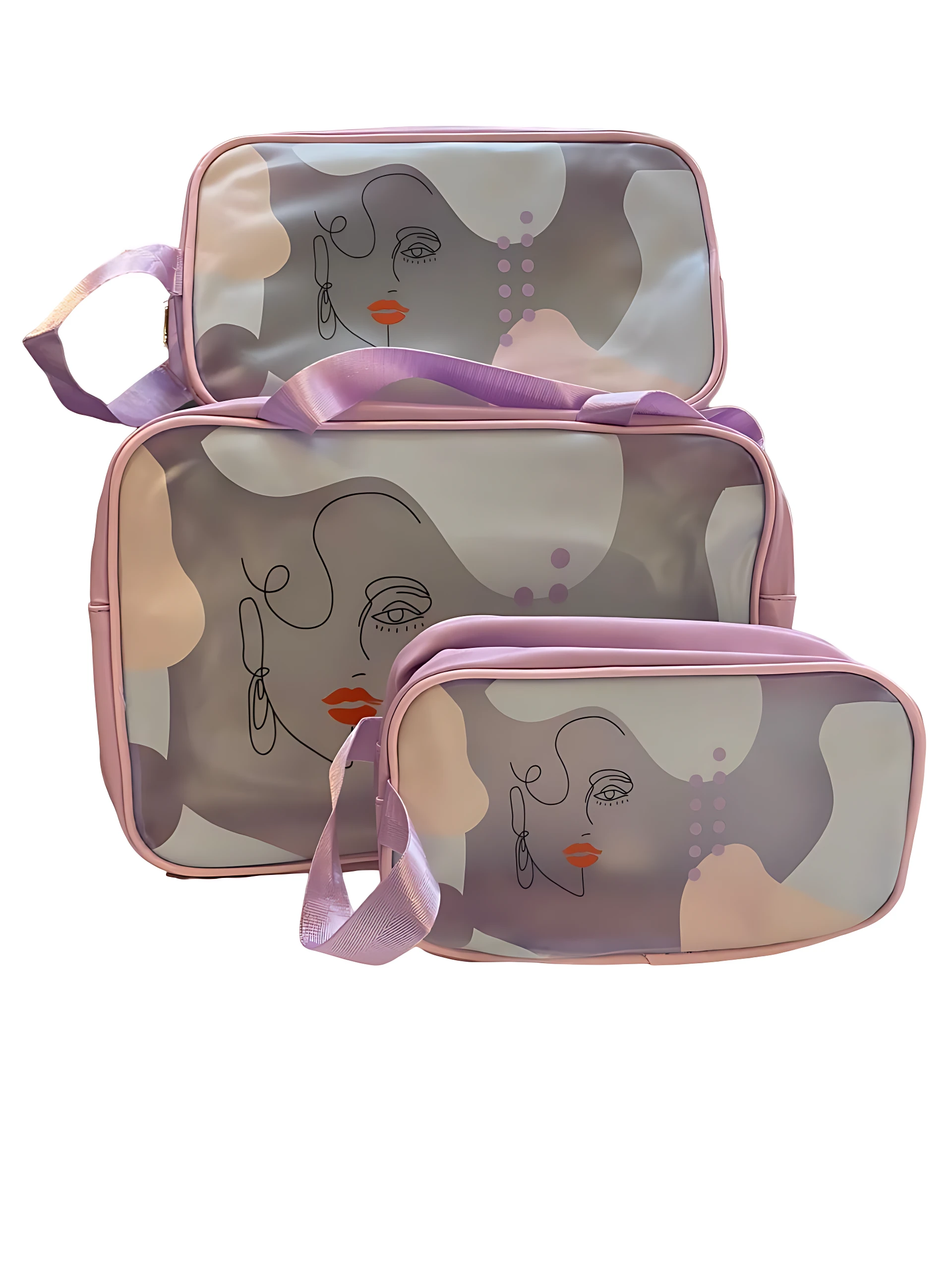 Set de tres bolsas cosméticas transparentes con asas en tonos rosa, diseñadas para organizar accesorios de aseo personal.
