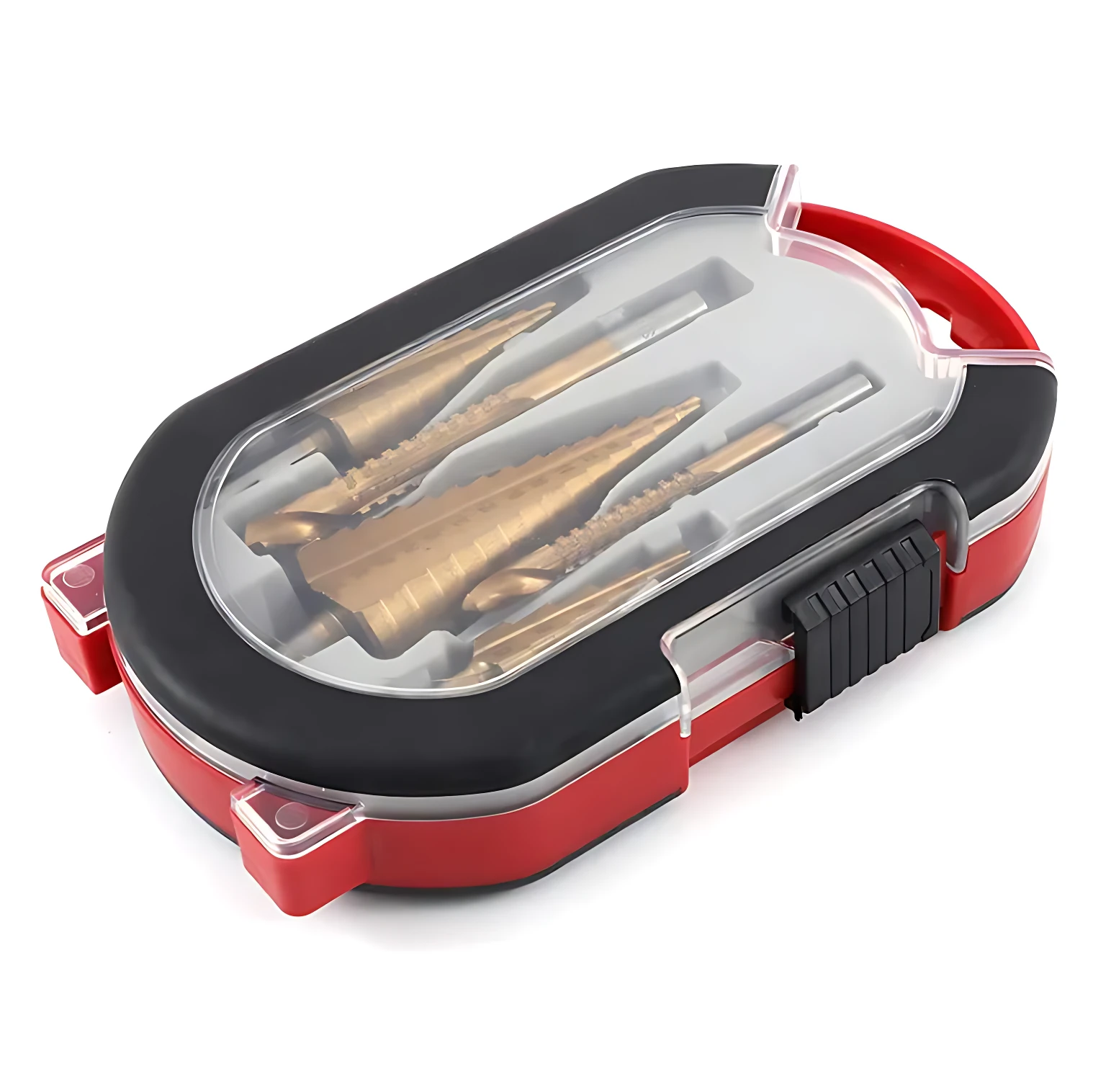 Caja de almacenamiento roja con tapa transparente que contiene cinco brocas de acero con recubrimiento de titanio, dispuestas en orden decreciente de tamaño.