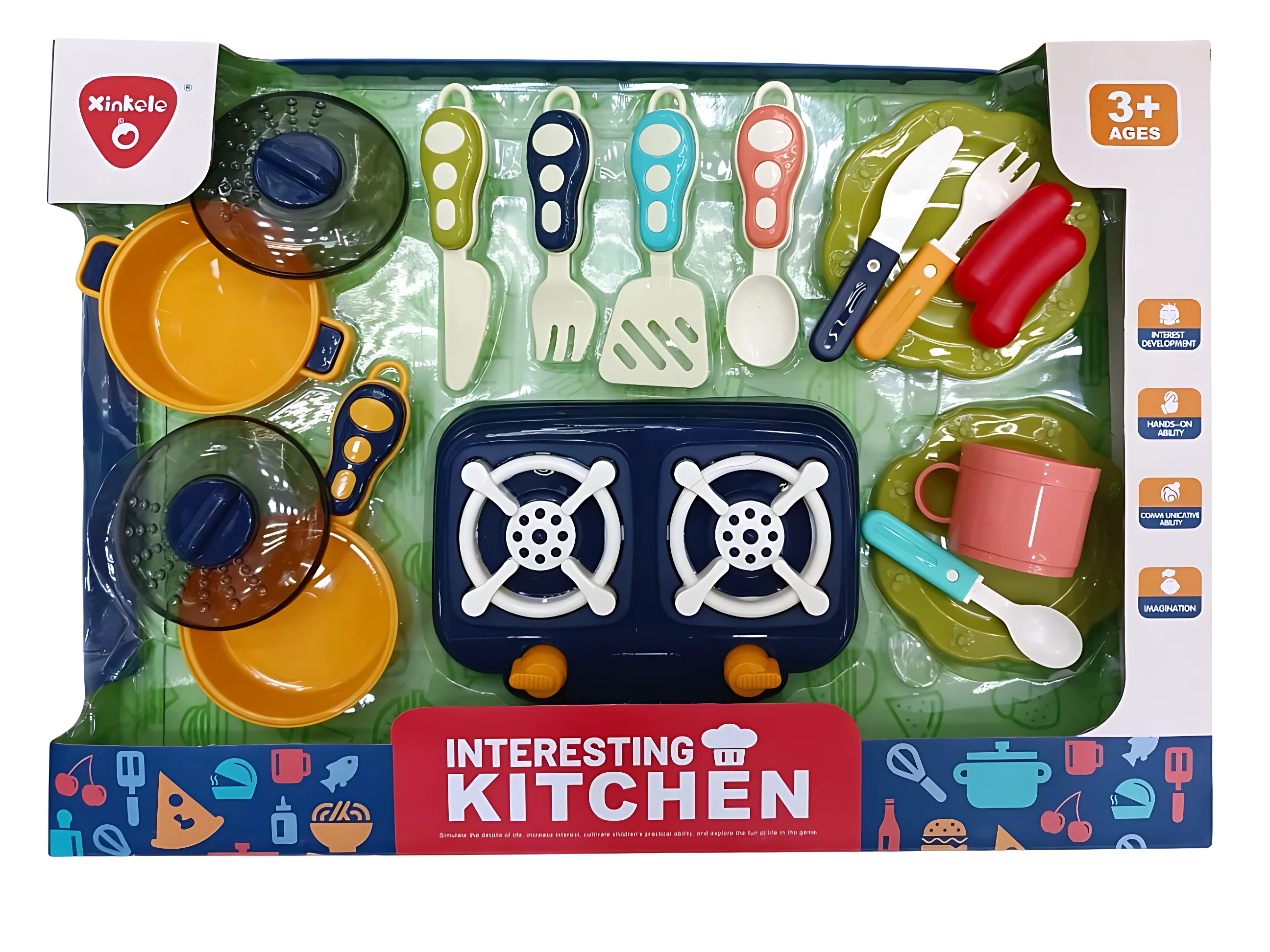 Juego de cocina infantil en caja, con utensilios de colores y accesorios para jugar. Incluye sartenes, cuchillos, tenedores, espátulas y tazas. Ideal para niños mayores de 3 años.