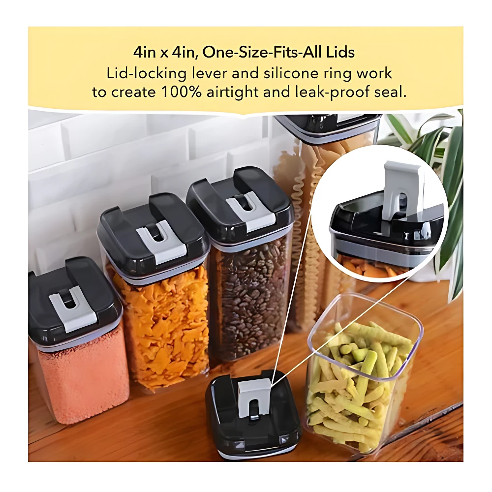 Set de seis contenedores de cocina herméticos con tapas negras y anillos de silicona, ideales para almacenar granos, legumbres y snacks en despensa.