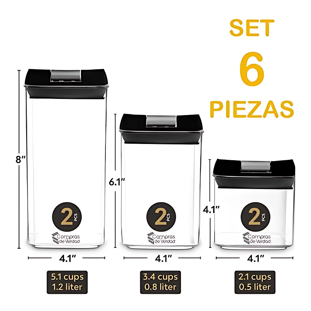 Set de tres contenedores herméticos transparentes con tapa negra, en tamaños de 5.1, 3.4 y 2.1 tazas, ideales para organizar despensa.