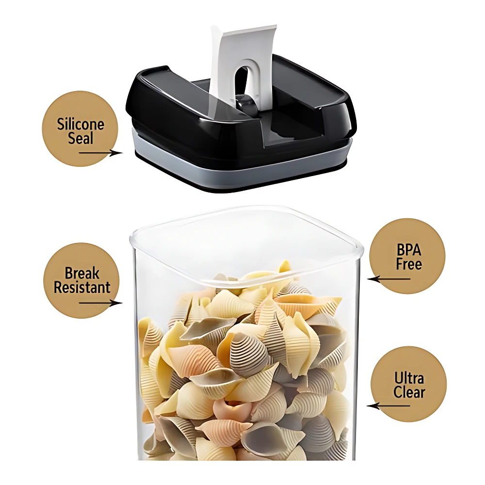 Contenedor hermético transparente con tapa negra, mostrando pasta en su interior y detalles como sello de silicona, material BPA libre y resistencia al impacto.