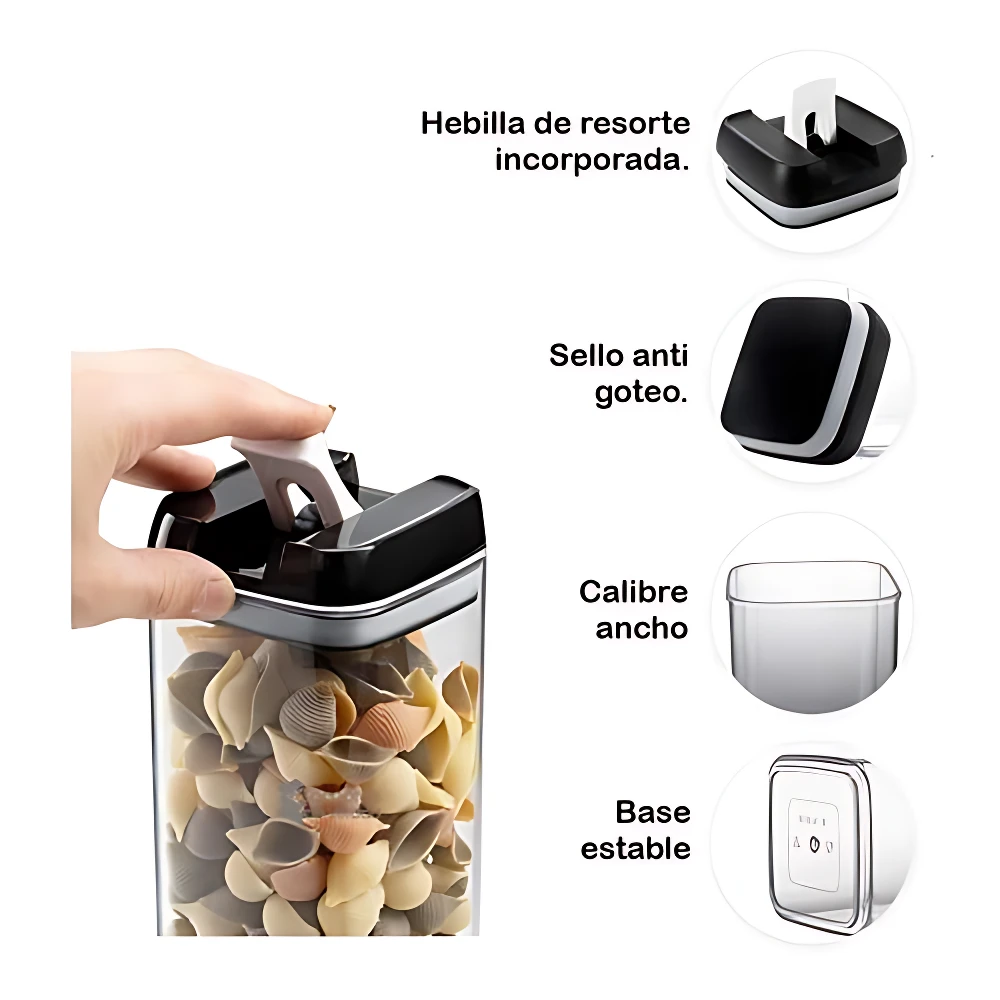 Contenedor hermético transparente con tapa negra, mostrando interior lleno de conchas decorativas; incluye detalles de hebilla de resorte, sello anti goteo, calibre ancho y base estable.