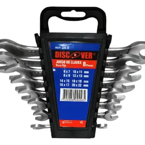 Set de 17 llaves inglesas DISCOVER en caja negra con asa, mostrando medidas visibles de 6 a 22 mm, dispuestas en abanico lateral.