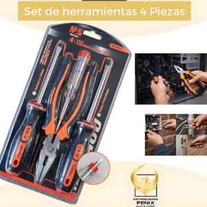 Pack de cuatro herramientas de precisión con mango negro y naranja, incluyendo destornilladores y pinzas, diseñado para reparaciones eléctricas y mecánicas en el hogar.