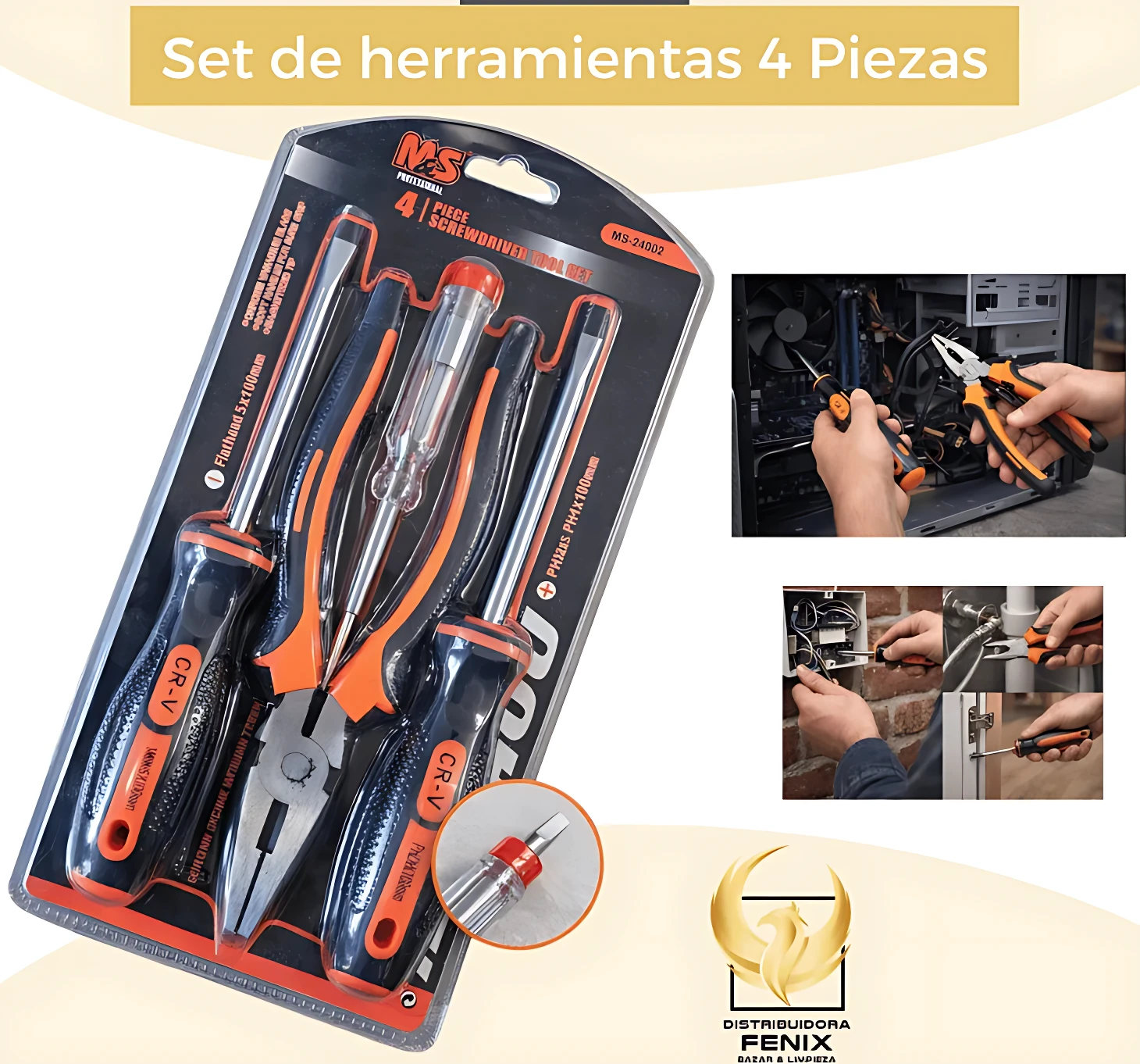 Pack de cuatro herramientas de precisión con mango negro y naranja, incluyendo destornilladores y pinzas, diseñado para reparaciones eléctricas y mecánicas en el hogar.