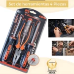 Pack de cuatro herramientas de precisión con mango negro y naranja, incluye destornilladores, alicates y llave de tubo, ideal para reparaciones eléctricas y mecánicas en el hogar.