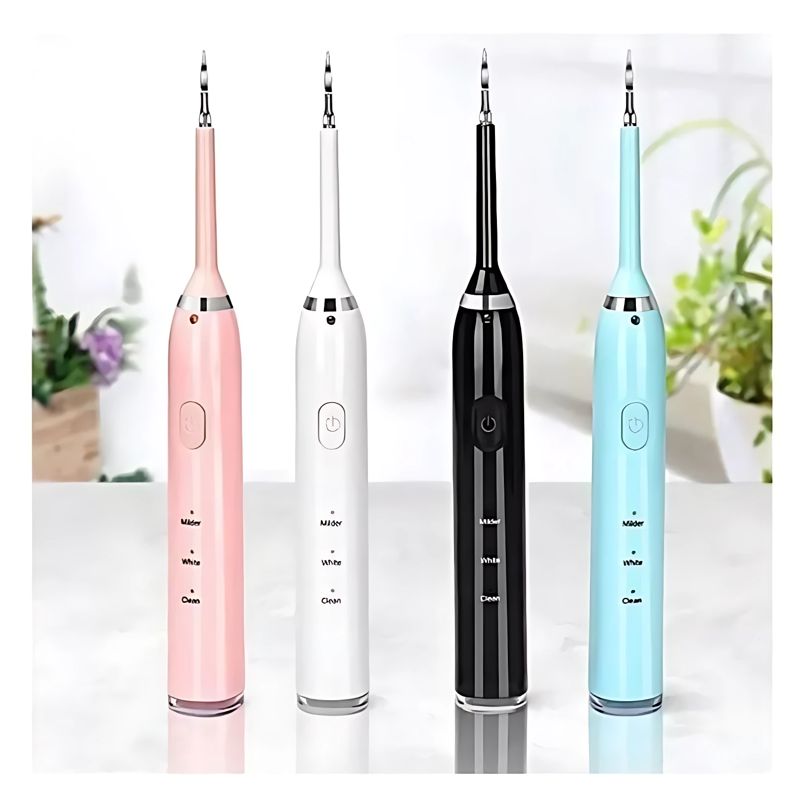 Cuatro cepillos eléctricos sónicos para limpieza dental en colores rosa, blanco, negro y azul claro, con botones de control y puntas intercambiables.