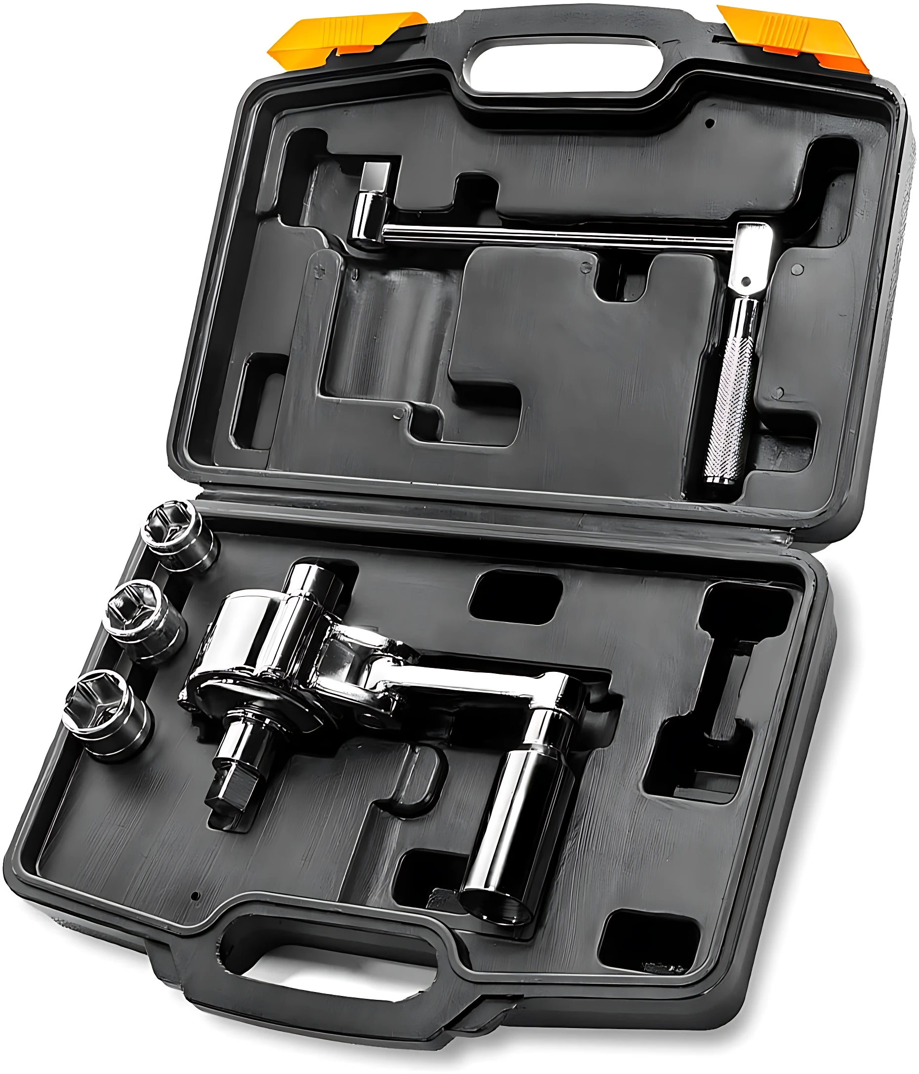 Caja de herramientas negra abierta mostrando llave multiplicadora de torsión cromada, tres soportes hexagonales y dos palancas de extensión organizadas en su estuche.