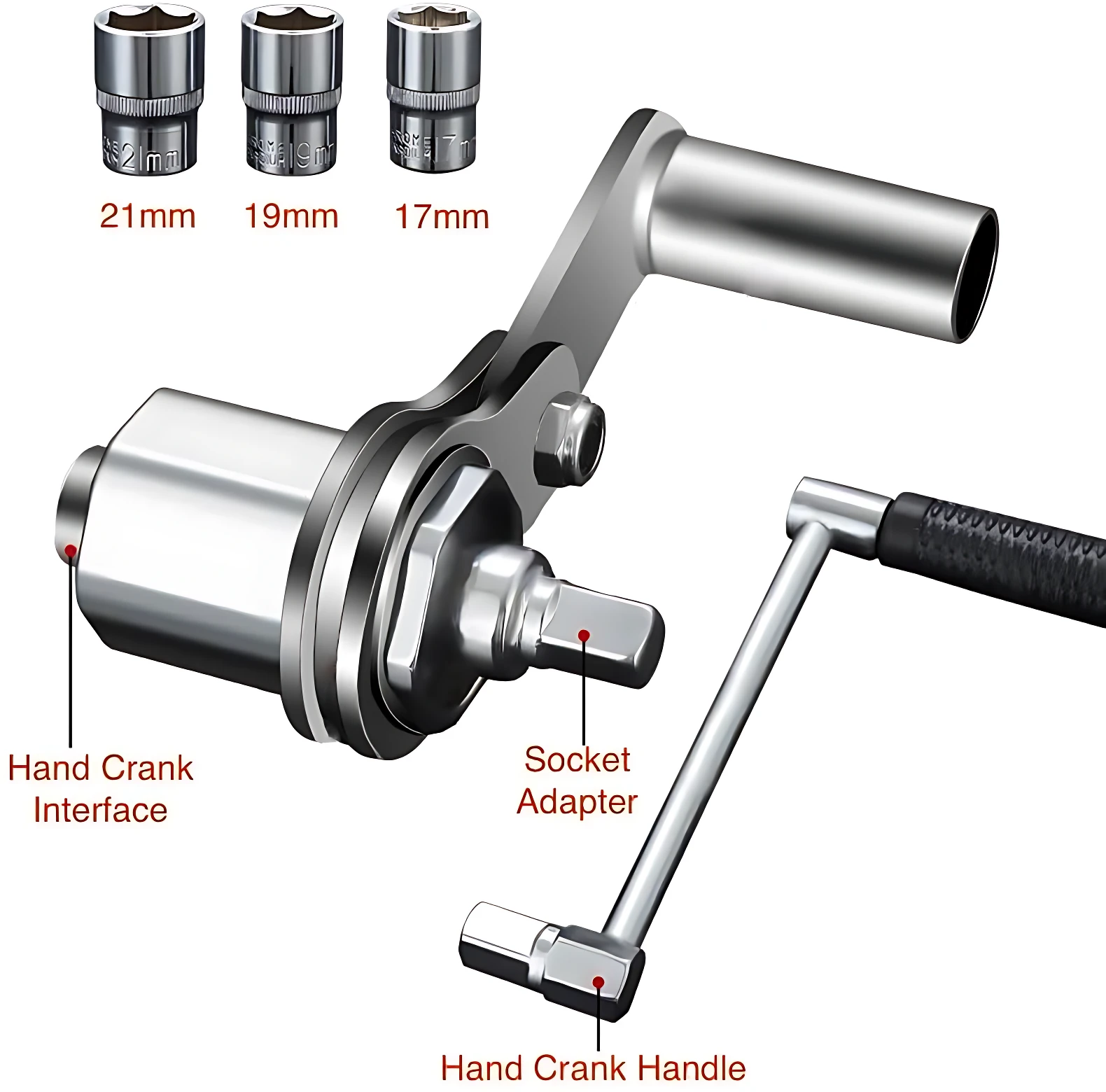 Llave multiplicadora de torsión con mango ergonómico y adaptadores de 21, 19 y 17 mm para extracción de tuercas