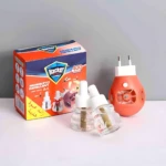 Pack de repelente eléctrico de enchufe sin humo, color naranja, con dos refills transparentes y caja original. Ideal para eliminar mosquitos en interiores.