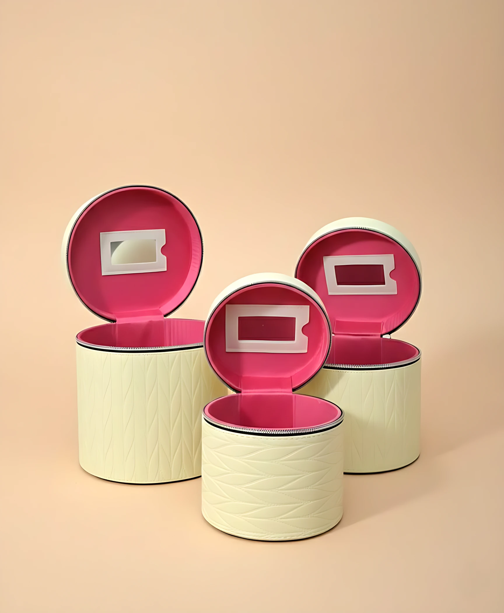 Tres neceseres circulares de color crema con textura geométrica, tapas abiertas revelando interior rosa y espejo rectangular integrado.