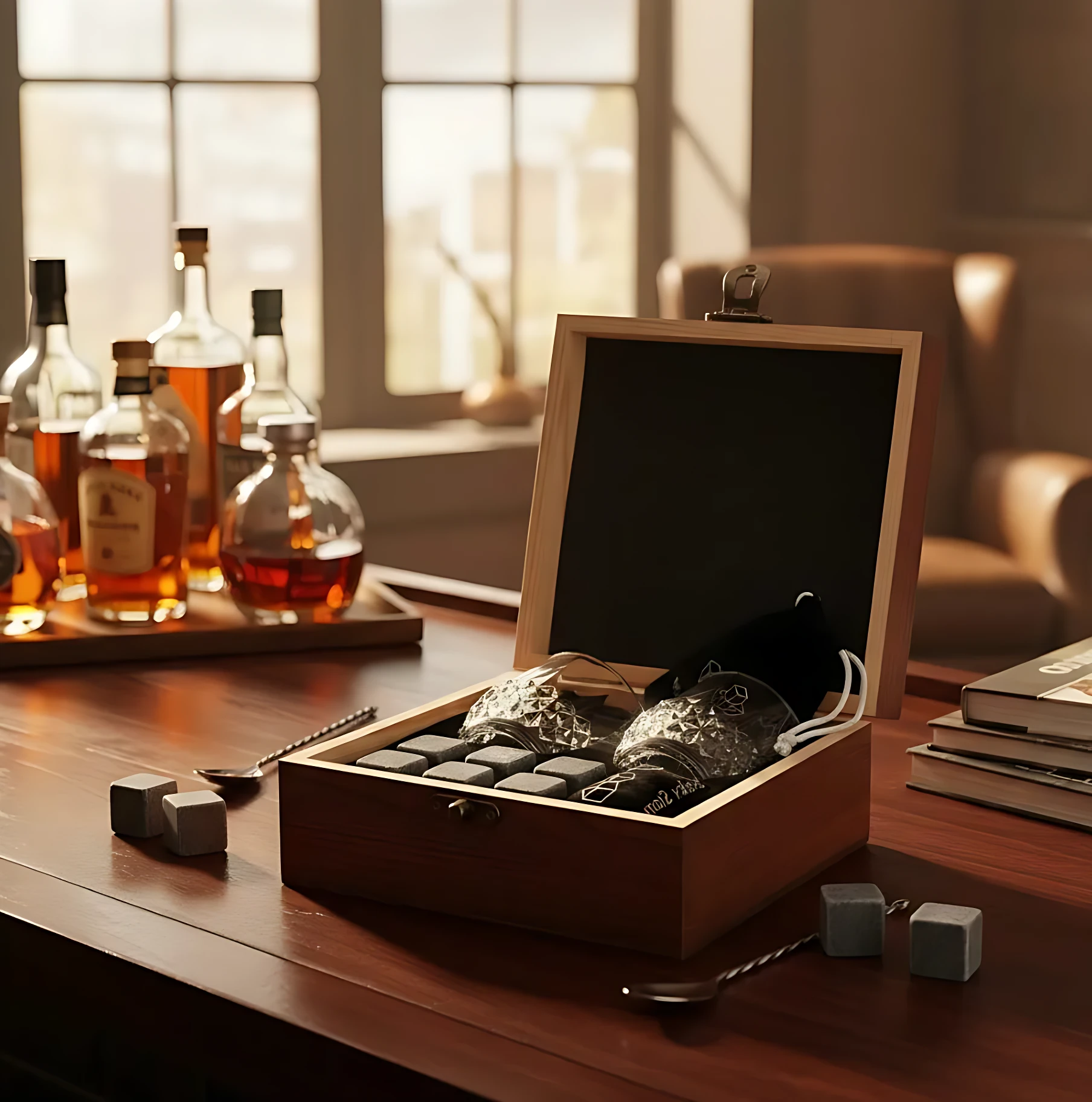 Cofre de madera abierto con piedras de enfriamiento para whisky, acompañado de jarras y botellas al fondo en mesa de madera.