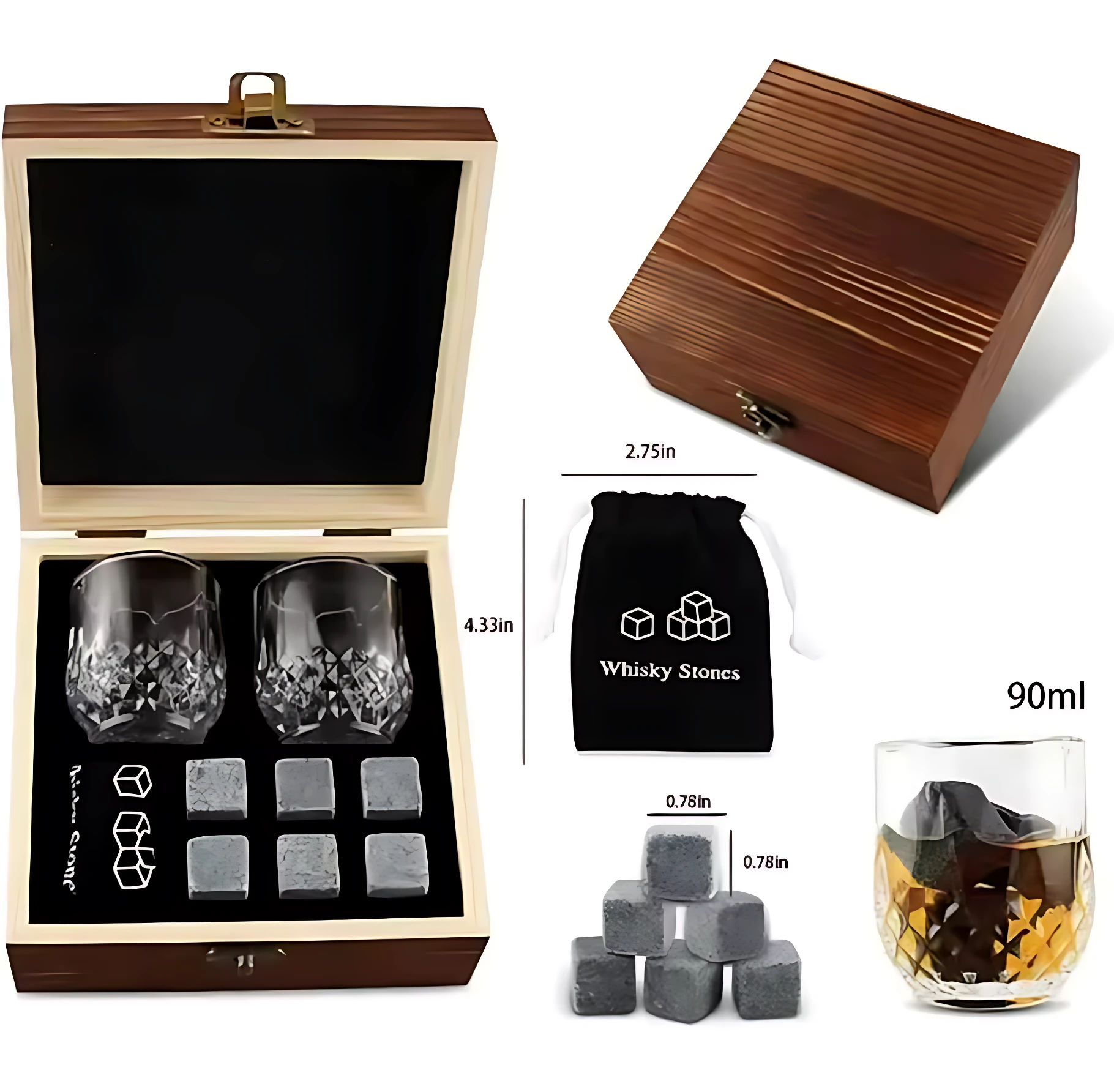 Cofre de madera con dos copas de whisky, seis piedras de enfriamiento y bolsa de tela negra; incluye medidas visibles y muestra bebida servida con hielo.