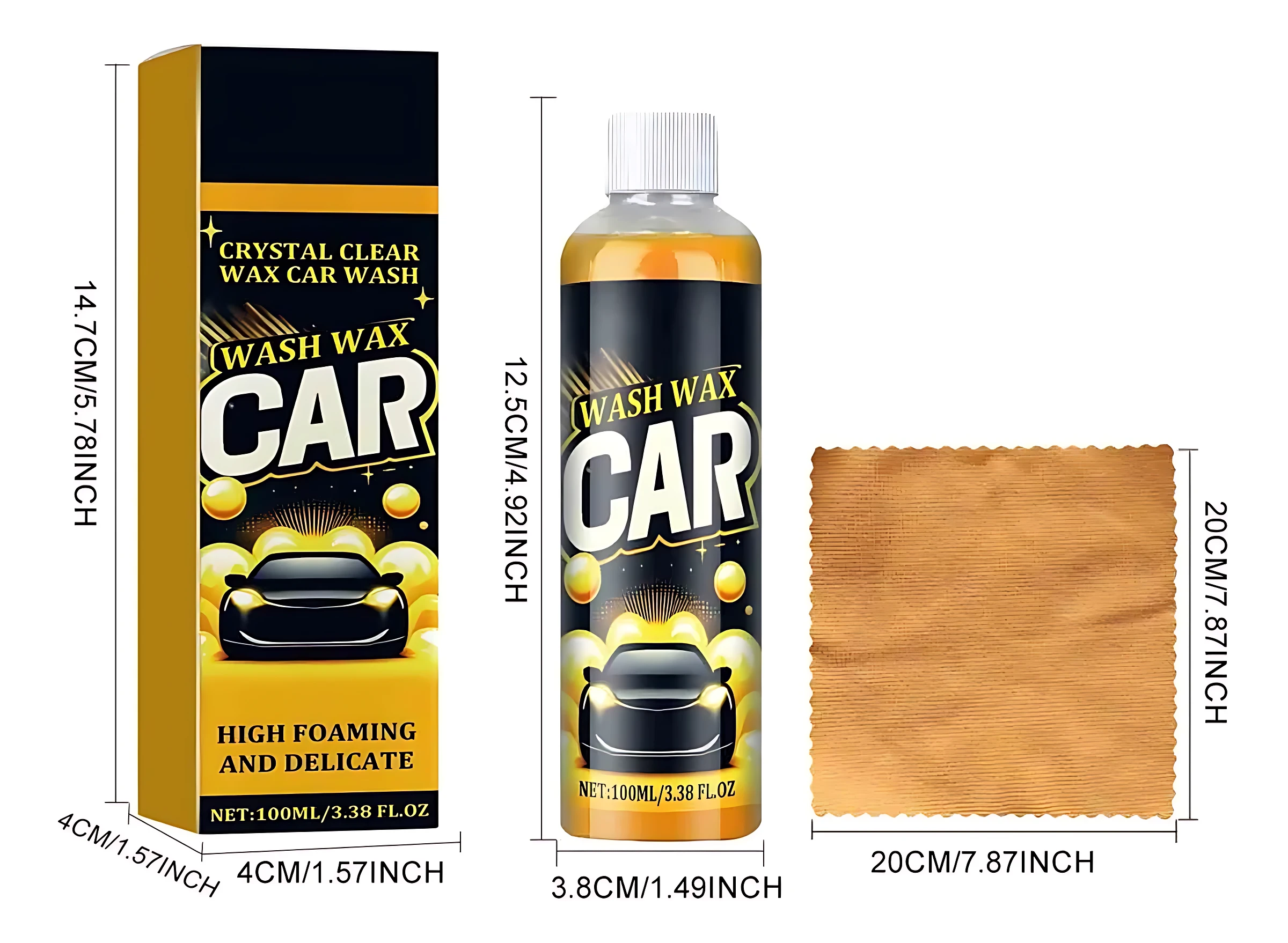 Set de tres piezas: botella de 100 ml de cera líquida amarilla con etiqueta negra y dorada, estuche rectangular amarillo con de auto negro y toalla de microfibra beige, todos con dimensiones en pulgadas y centímetros visibles.