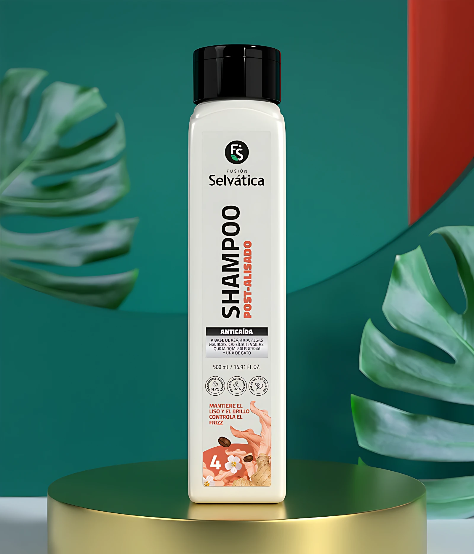Bote blanco de 500 ml de shampoo post alisado de la marca Selvatica, con tapa negra, sobre pedestal dorado, rodeado de hojas verdes tropicales.