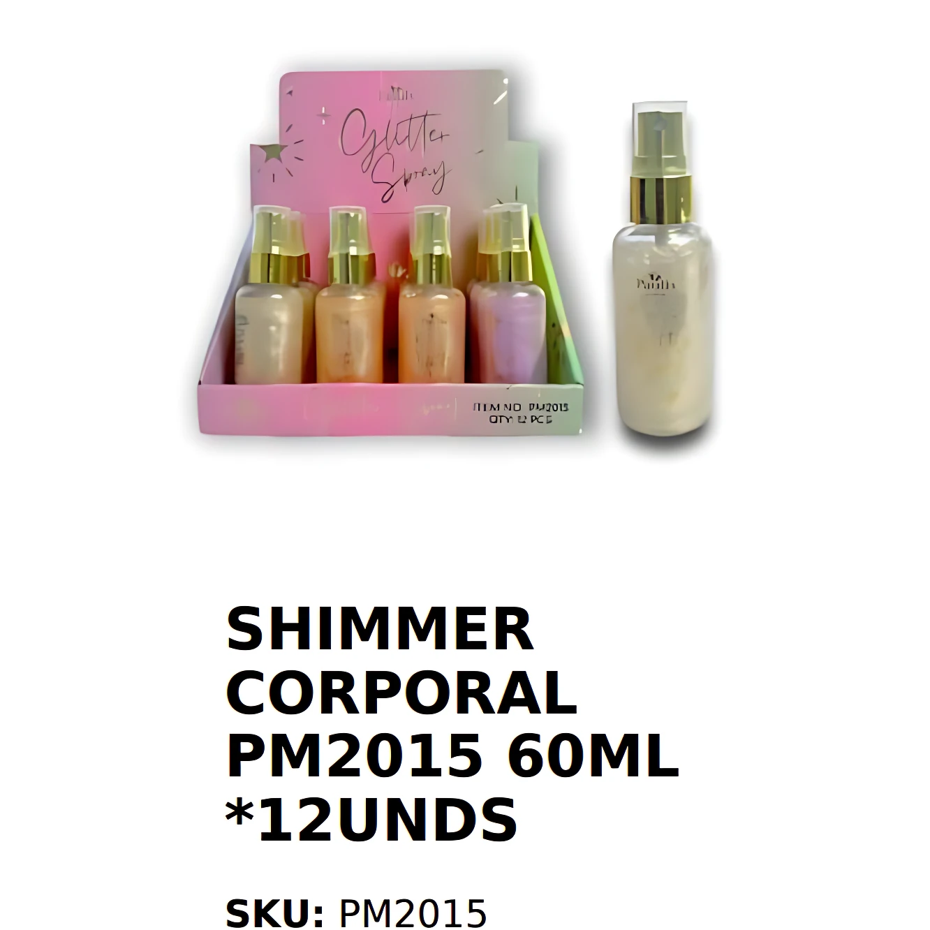 Pack de doce sprays corporales Shimmer Corporal Paulis en tonos pastel con acabado brillante, presentados en caja rosa junto a un frasco individual.