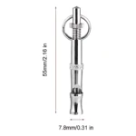 Silbato de entrenamiento canino en acero inoxidable, con anillo superior y medidas de 55 mm de largo por 7,8 mm de diámetro.