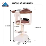 Silla infantil delantera para scooter, color blanco con asiento marrón, arnés negro ajustable y dimensiones detalladas en cm.