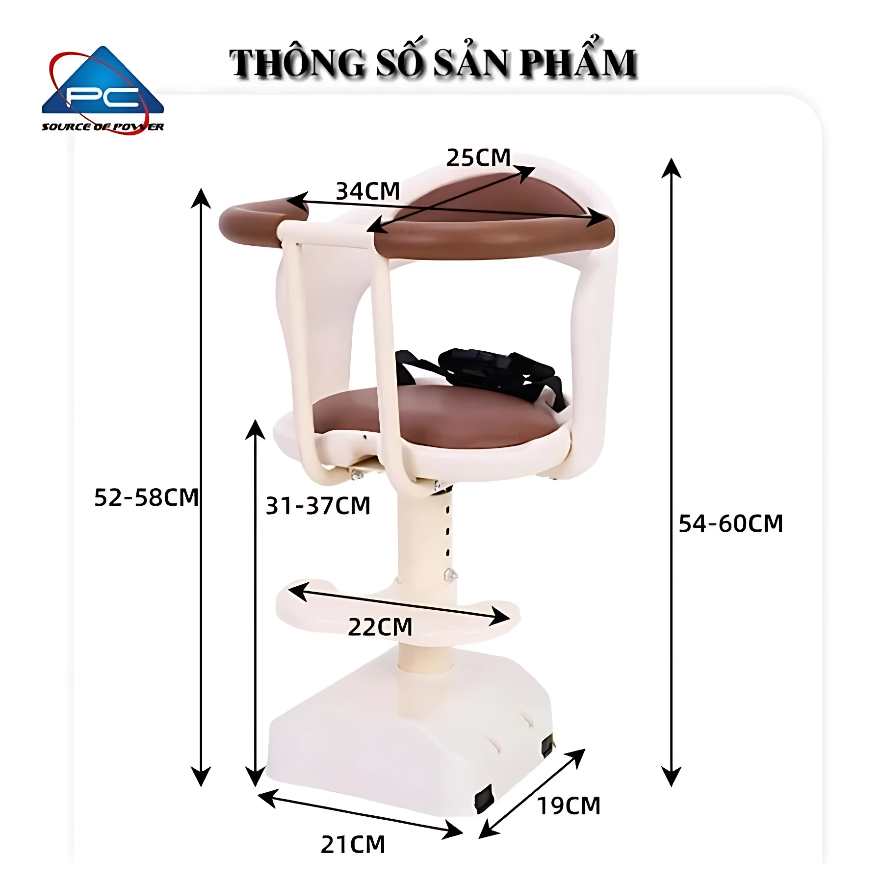 Silla infantil delantera para scooter, color blanco con asiento marrón, arnés negro ajustable y dimensiones detalladas en cm.