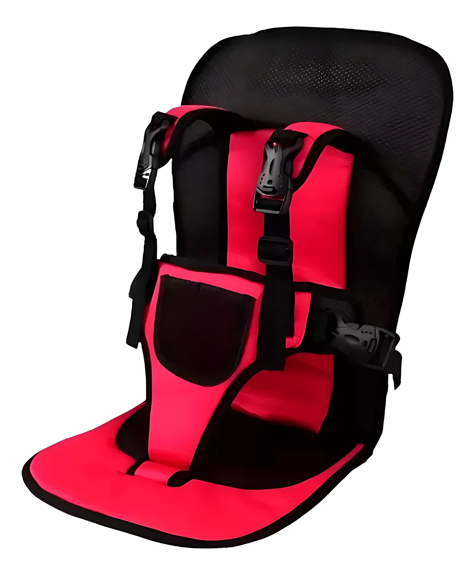Silla de viaje para bebés en color rojo neón y negro, con respaldo reclinable y sistema de sujeción con correas ajustables.