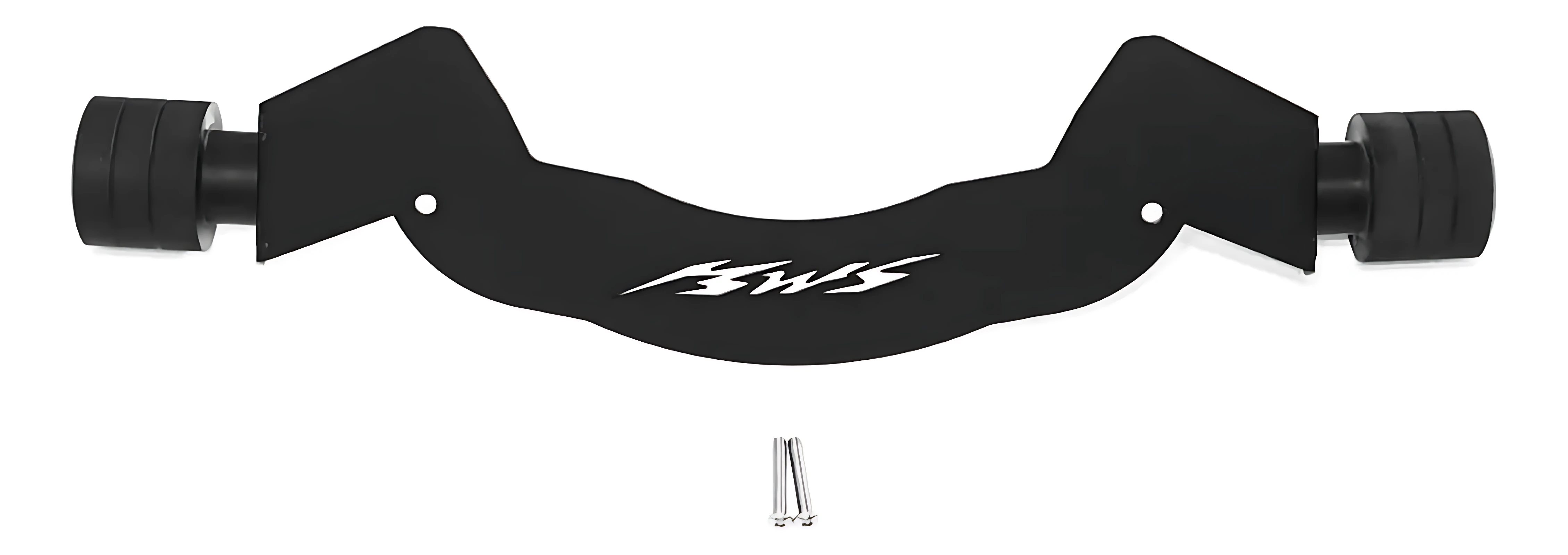 Slider BWS Fi Ref 1 en acero inoxidable, con acabado negro mate y logotipo blanco central, diseñado para proteger el chasis de golpes y arañazos. Incluye dos soportes laterales con terminales redondos y dos tornillos visibles en la parte inferior.