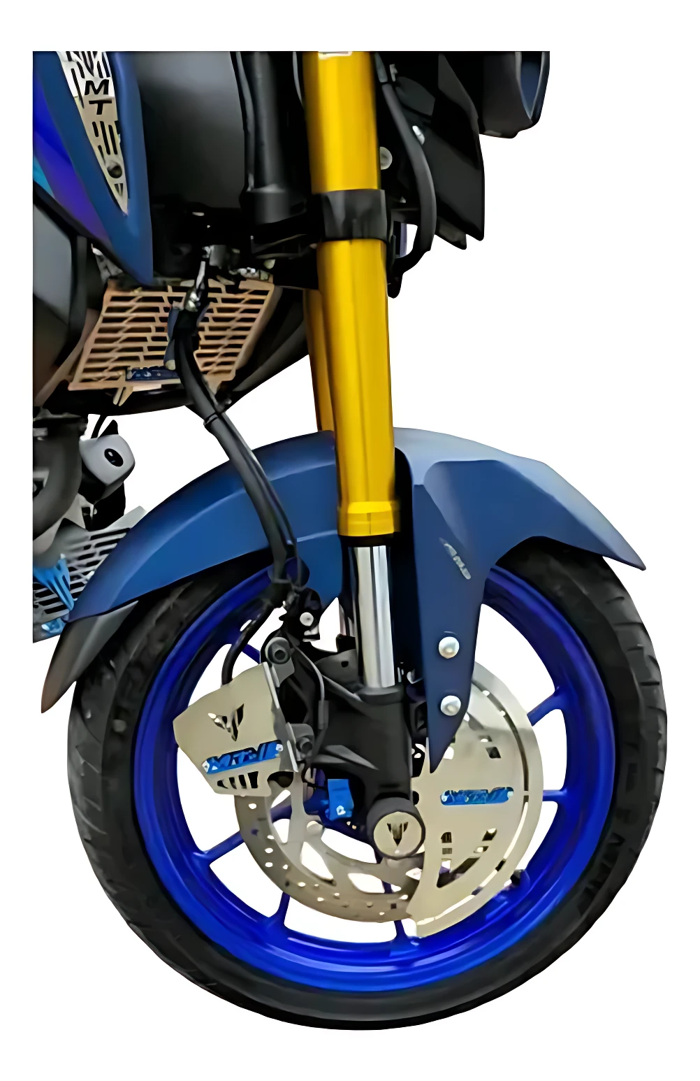 Sliders Spool MT 15 de acero inoxidable en color azul, montados en la parte inferior del chasis de una motocicleta, protegiendo contra impactos y arañazos.