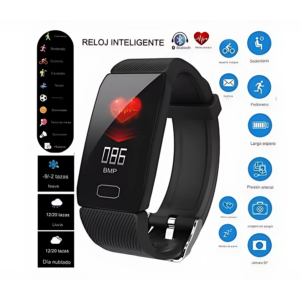 Reloj inteligente Q1 en color negro con correa de silicona, pantalla digital mostrando latidos cardíacos y datos de actividad física.
