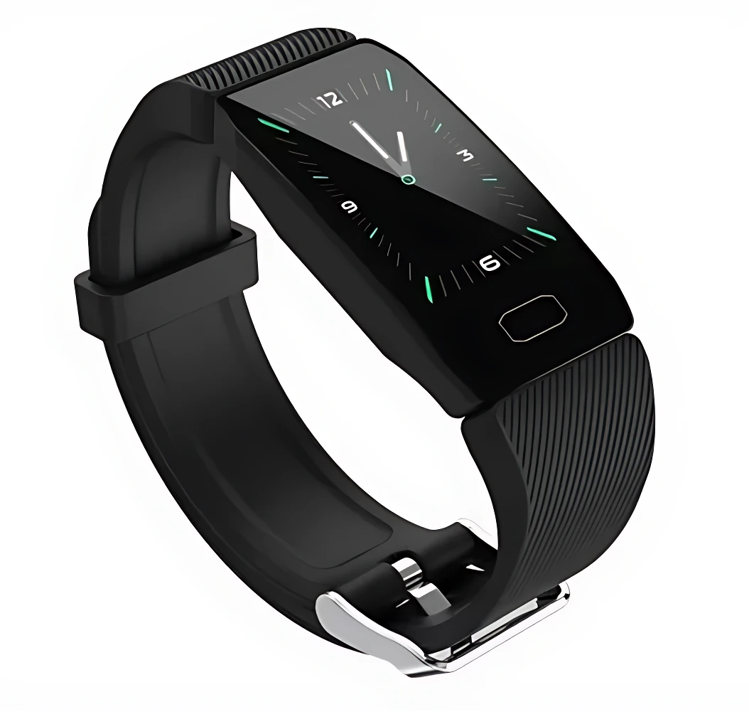 Smart Band Q1 en color negro con correa de silicona texturizada y pantalla digital mostrando reloj analógico con números y marcadores luminosos.