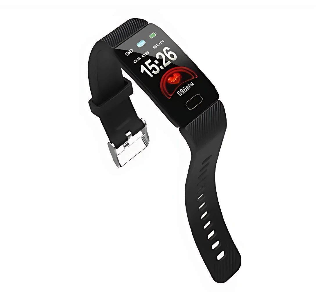 Reloj inteligente Fitnss Q1 en color negro, con correa de silicona y pantalla digital mostrando hora, fecha y ritmo cardíaco.