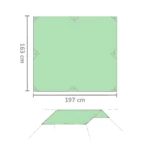 Sobre impermeable verde claro de 197 x 163 cm con 4 extensiones triangulares para anclar, ideal para proteger tienda de lluvia y ampliar espacio de descanso en camping.