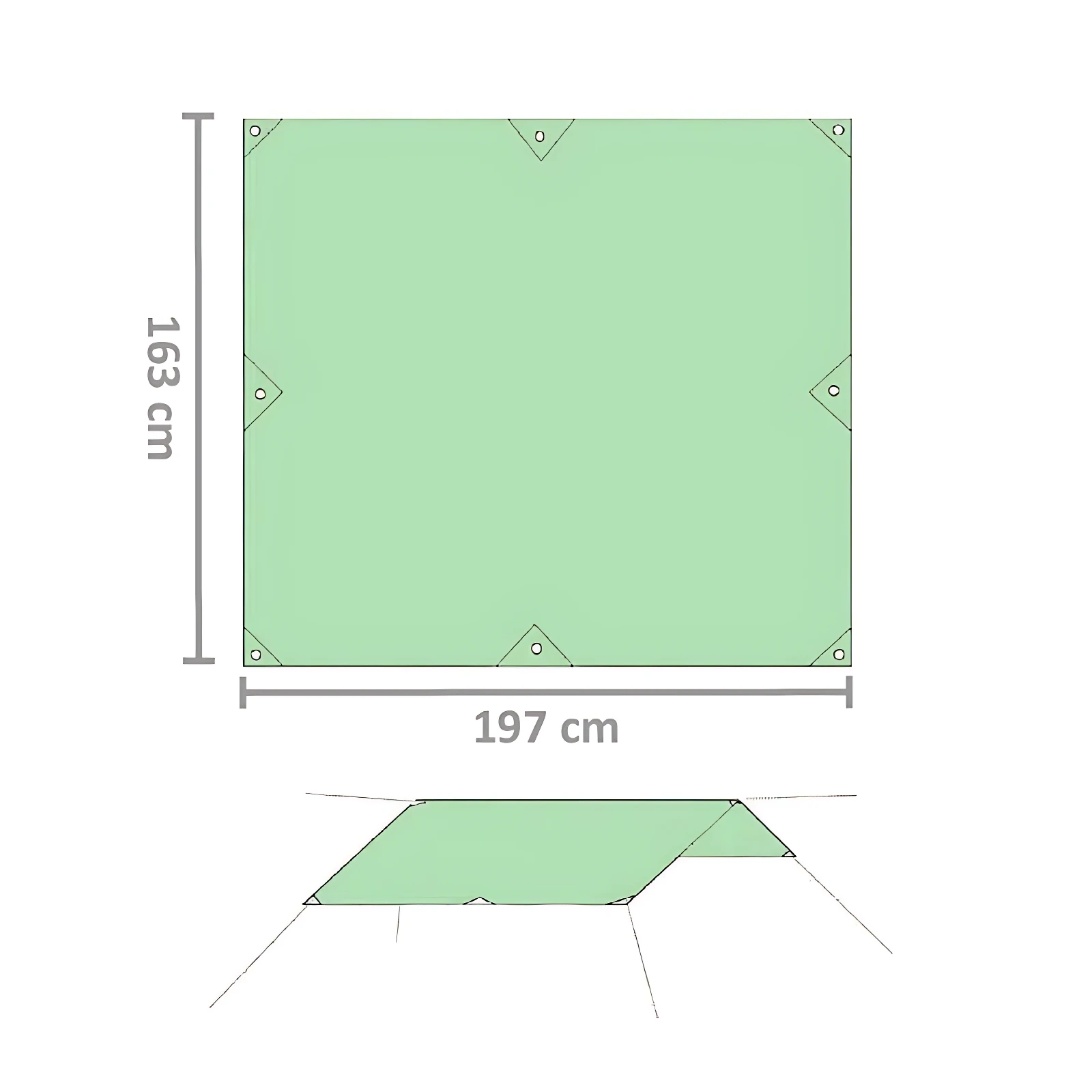 Sobre impermeable verde claro de 197 x 163 cm con 4 extensiones triangulares para anclar, ideal para proteger tienda de lluvia y ampliar espacio de descanso en camping.