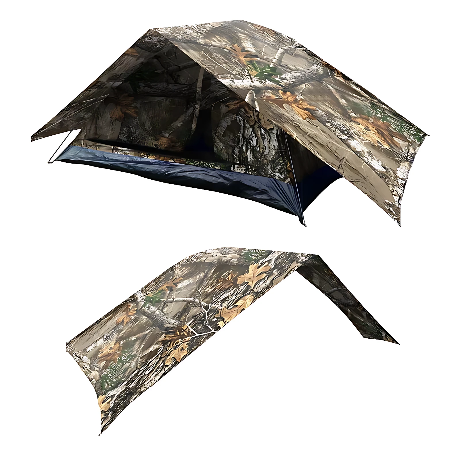Sobre carpa impermeable en camuflaje con extensiones para anclar, mostrando vista frontal y lateral desplegada.
