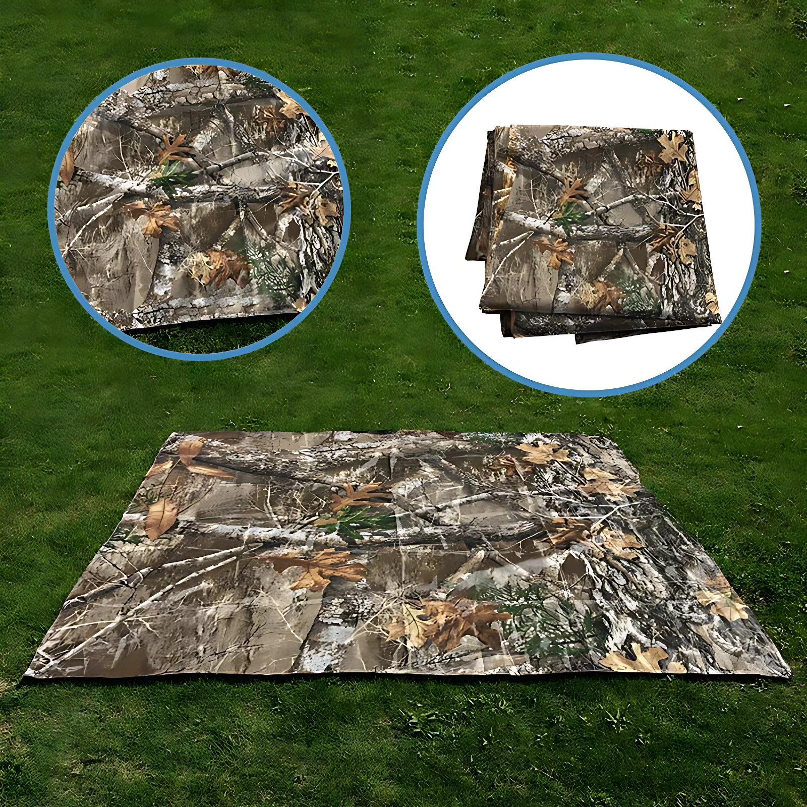 Sobre carpa de camuflaje con 4 extensiones para anclar, desplegado sobre césped verde; incluye dos vistas circulares: una ampliada de textura y otra plegada mostrando capas.