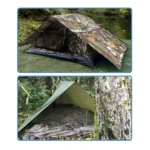 Sobre carpa impermeable en dos vistas: una con patrón camuflaje junto a río y otra en verde oliva montada en bosque, mostrando interior con suelo acolchado y anclaje lateral.